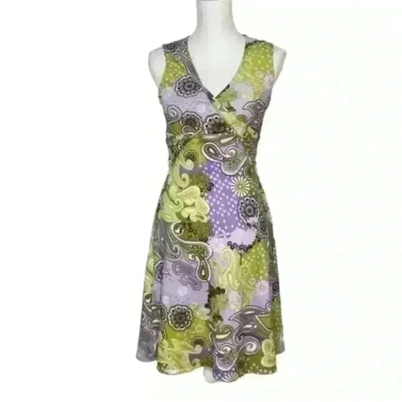 Prana Mikayla Green Purple Paisley Sleeveless V-Neck Wrap Activewear Dress Sz S - Picture 1 of 7